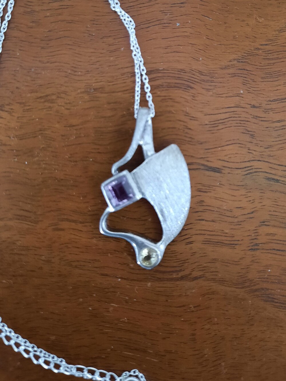 Sterling Silver Abstract Pendant Necklace with Amethyst and Citrine Stones